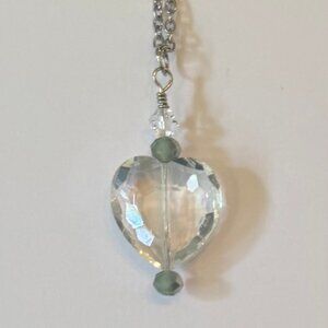 Necklace Heart Clear Crystal Glass Faceted Handmade w/Beads 18" stainless chain